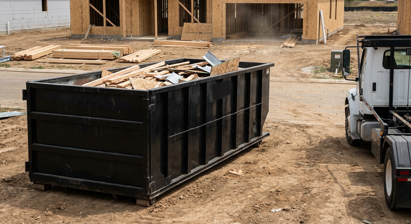 Matte-black 20-yard roll-off construction dumpster with heavy ribbed steel sidewalls and swing rear doors at a working jobsite in Nashville, sitting directly on compacted dirt with an unmarked white hauler partially visible at the far edge of the frame.