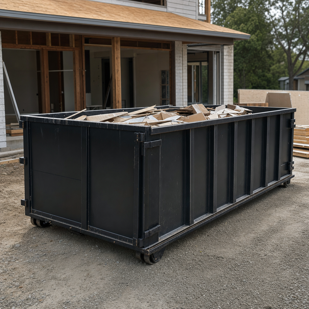 Large matte-black 30-yard construction roll-off dumpster at an active Nashville jobsite, steel-gray top rails and bottom rollers visible, loaded with construction debris.