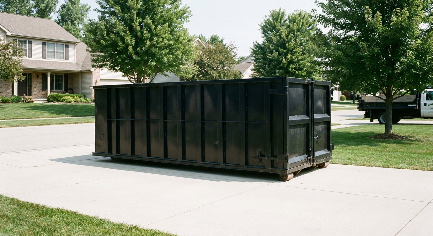 Matte-black 20-yard roll-off dumpster sitting level on a clean Nashville residential concrete driveway under bright daylight, demonstrating clean placement directly on the concrete.