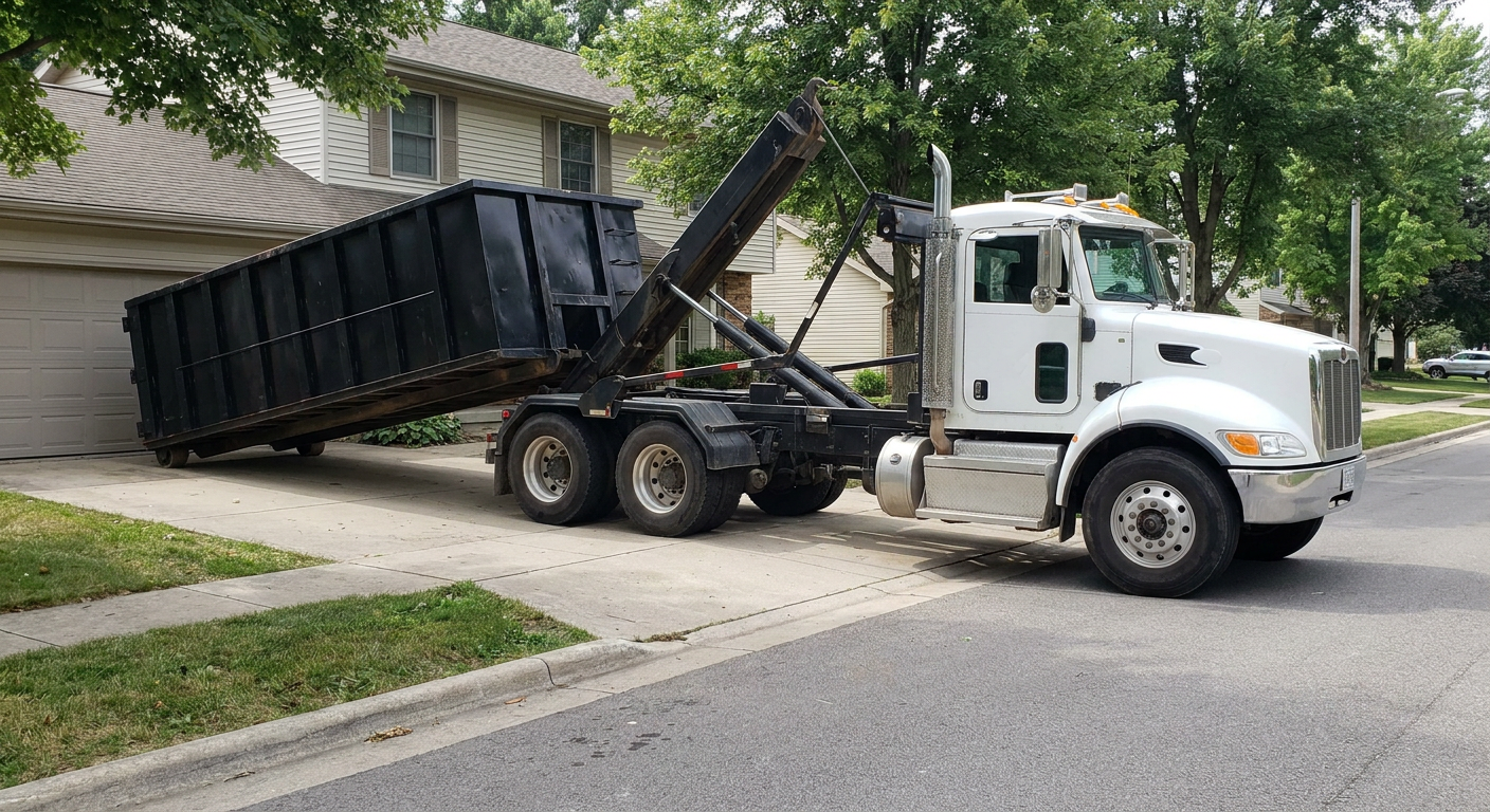 White-cab hooklift roll-off truck actively lowering a matte-black dumpster onto a Nashville residential concrete driveway, the dumpster's rear wheels touching the driveway as the hoist arm tilts the bed forward, mid-morning daylight.