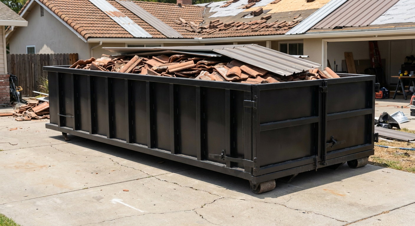 Matte-black low-wall heavy-debris roofing roll-off dumpster sitting directly on a Nashville concrete driveway, broken concrete clay roof tiles and metal panel sections loaded inside, reinforced ribbed steel side walls visible, bright outdoor daylight.