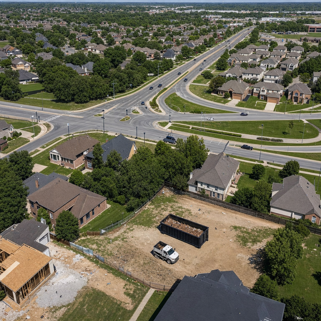 An overhead documentary view of the Nashville metro area at midday, showing the spread of neighborhoods, arterial roads, and the dispatch radius from a central yard — clean daylight, organized geographic layout.