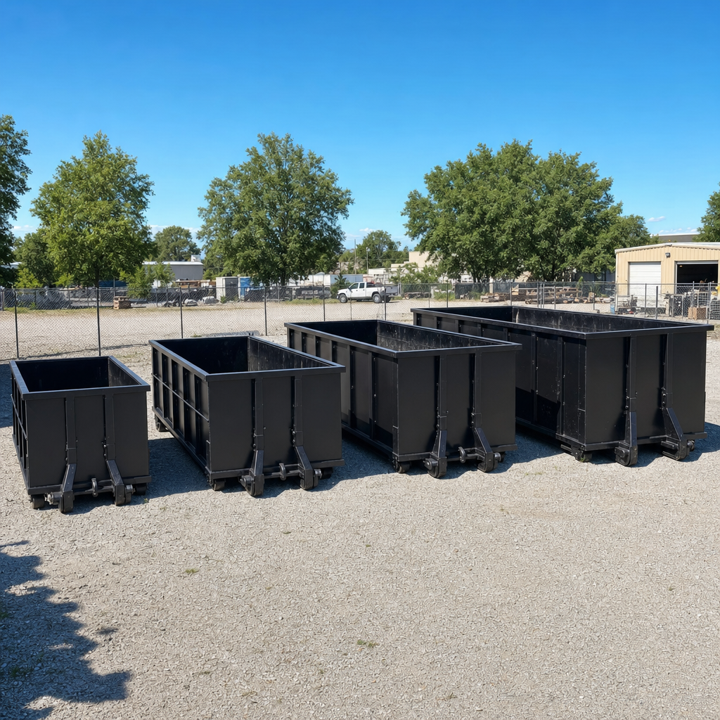A clean lineup of matte-black roll-off dumpsters in 10, 20, 30, and 40-yard sizes staged on a sunlit gravel yard in Nashville, showing the size progression from compact to commercial-scale containers.